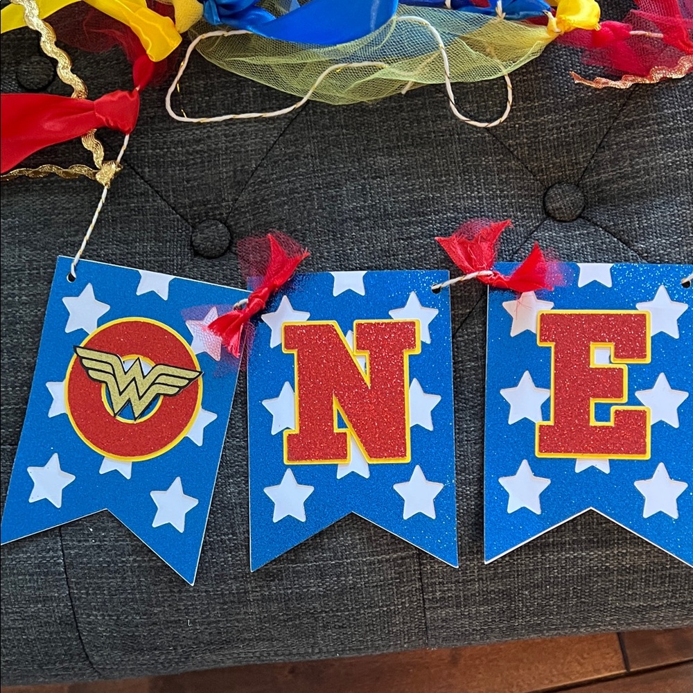 Wonder Woman Themed "ONE" Blue Party Banner -high chair decor